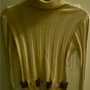 Women's Beige - Ribbed Turtleneck Sweater featuring fitted belt
